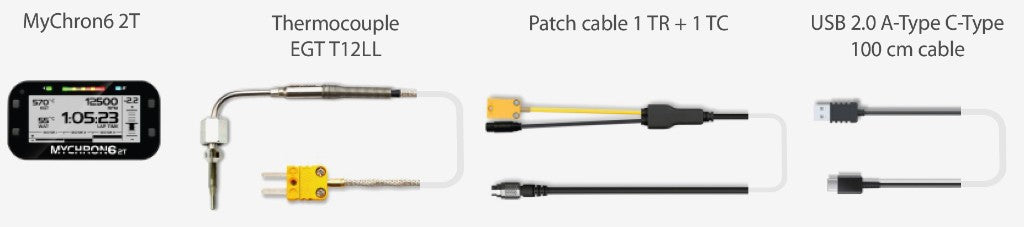 AiM MyChron 6 2T Kit 7 XM62TT12LL11 contents: MyChron 6 2T data logger, EGT T-12 Long Life thermocouple, 1 TR + 1 TC patch cable, and USB 2.0 A-Type to C-Type 100 cm cable for kart racing on a white background