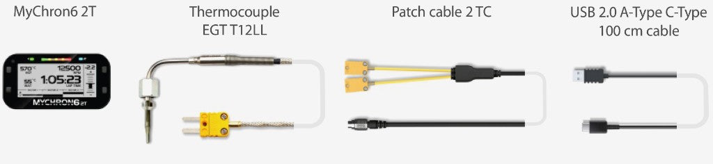 AiM MyChron 6 2T Kit 8 XM62TT12LL07 contents: MyChron 6 2T data logger, EGT T-12 Long Life thermocouple, 2 TC patch cable, and USB 2.0 A-Type to C-Type 100 cm cable for kart racing on a white background