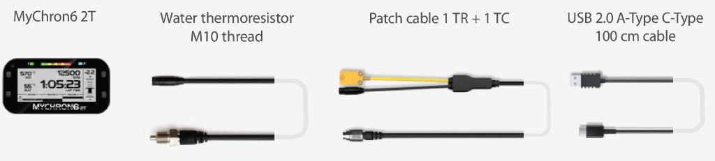 AiM MyChron 6 2T Kit 9 XM62TTRM1011 contents: MyChron 6 2T data logger, Water thermoresistor M10, 1 TR + 1 TC patch cable, and USB 2.0 A-Type to C-Type 100 cm cable for kart racing on a white background