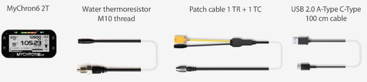 AiM MyChron 6 2T Kit 9 XM62TTRM1011 contents: MyChron 6 2T data logger, Water thermoresistor M10, 1 TR + 1 TC patch cable, and USB 2.0 A-Type to C-Type 100 cm cable for kart racing on a white background