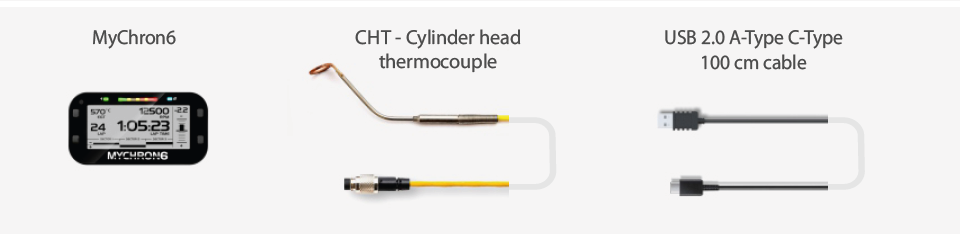AiM MyChron 6 Kit 1 XM6CHT140 contents: data logger, CHT Binder thermocouple, and USB 2.0 A-Type to C-Type 100 cm cable for kart racing on a white background