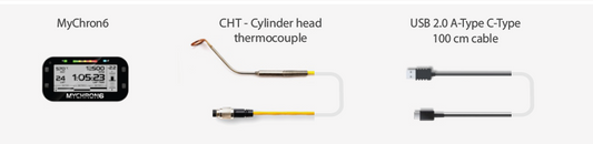 AiM MyChron 6 Kit 1 XM6CHT140 contents: data logger, CHT Binder thermocouple, and USB 2.0 A-Type to C-Type 100 cm cable for kart racing on a white background