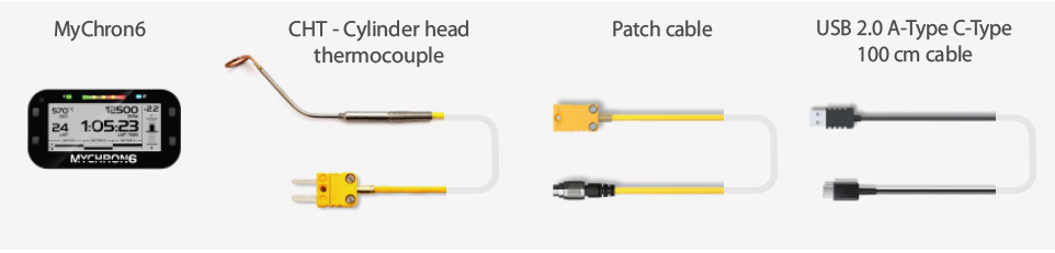 AiM MyChron 6 Kit 2 XM6CHT040 contents: data logger, CHT Cylinder head thermocouple (Mignon connector), patch cable, and USB 2.0 A-Type to C-Type 100 cm cable on a white background