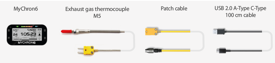 AiM MyChron 6 Kit 3 XM6EGT0 contents: data logger, Exhaust gas thermocouple M5, patch cable, and USB 2.0 A-Type to C-Type 100 cm cable on a white background