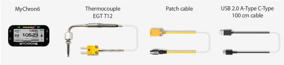 AiM MyChron 6 Kit 4 XM6EGTT12 contents: data logger, Thermocouple EGT T12, patch cable, and USB 2.0 A-Type to C-Type 100 cm cable on a white background