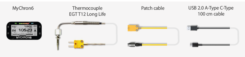 AiM MyChron 6 Kit 5 XM6EGTT12LL contents: data logger, EGT T-12 Long Life thermocouple, patch cable, and USB 2.0 A-Type to C-Type 100 cm cable on a white background