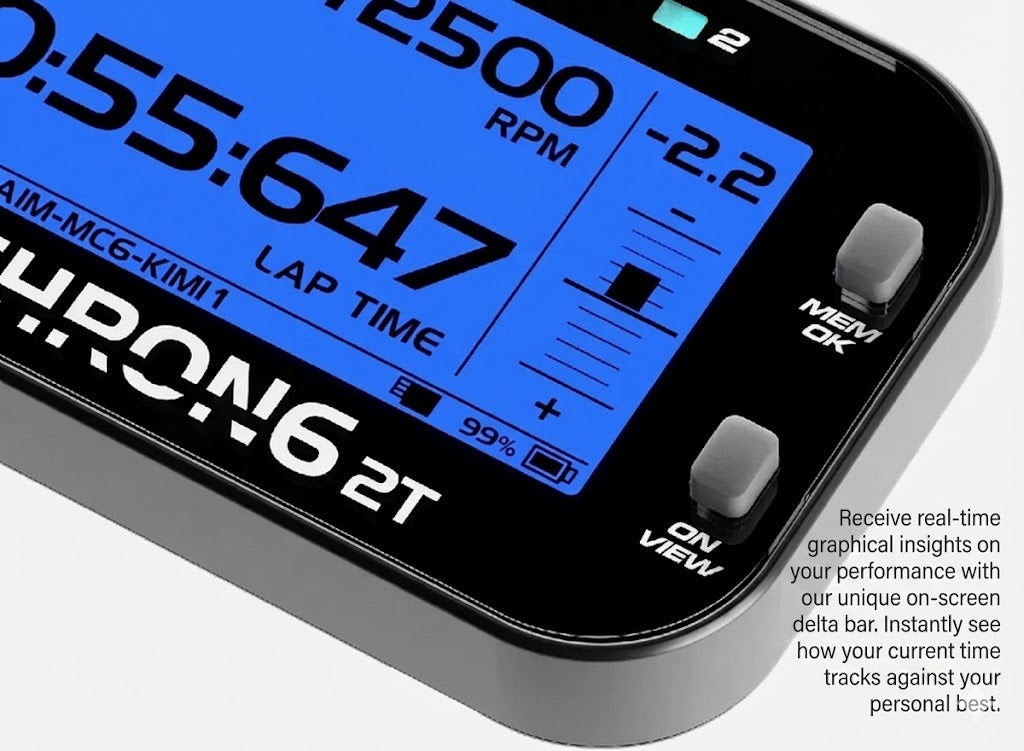 Close-up of a MyChron 6 kart data logger showing lap time, RPM reading, battery level, and an on-screen delta bar indicating time gained or lost.