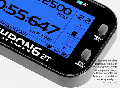 Close-up of a MyChron 6 kart data logger showing lap time, RPM reading, battery level, and an on-screen delta bar indicating time gained or lost.
