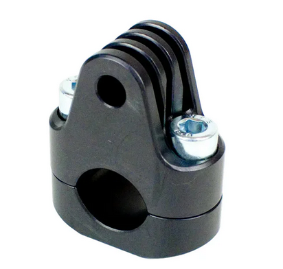 Odenthal EZGP09-1 GoPro camera mount bracket assembled and clamped onto a kart steering column tube on a white background