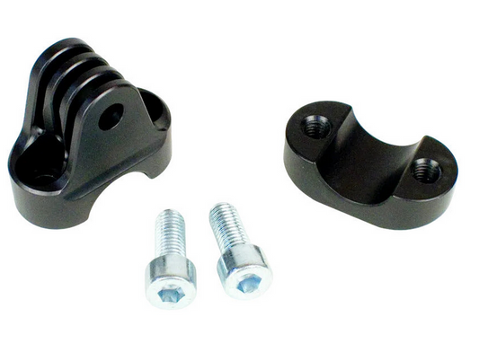 Odenthal EZGP09-1 GoPro camera mount bracket for karts, two black anodized aluminum pieces and hex bolts shown disassembled on a white background