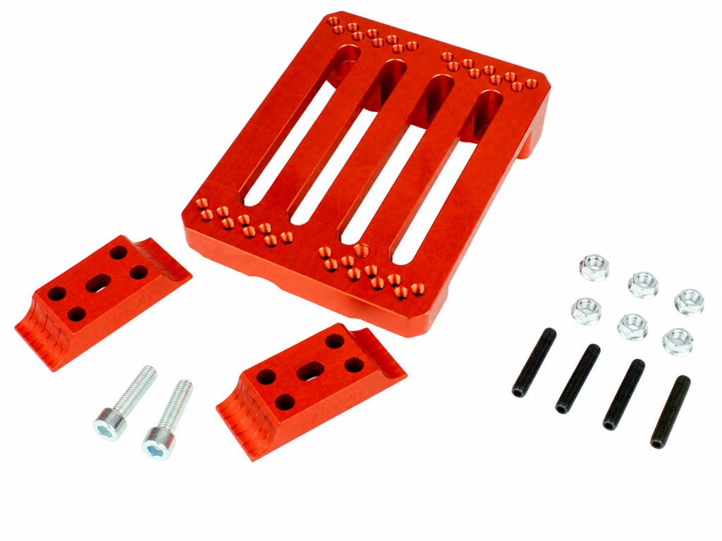 Odenthal Code Red LO206 engine mount complete kit overview with mount, red clamps, silver bolts, black standoffs and locknuts laid out on white background