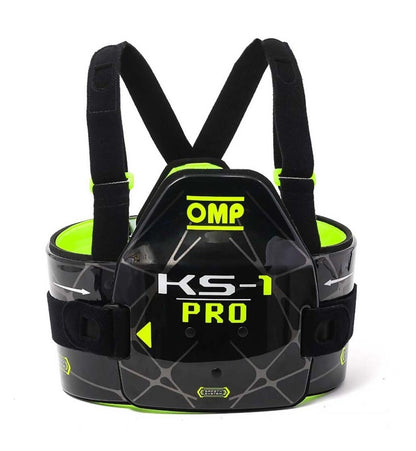 Black and green racing chest protector with 'OMP' branding on a white background