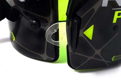 Close-up of the black and neon green karting rib vest / chest protector  plastic latch, very hard plastic, doesn't break easy, and n a white background.