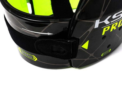 Close-up of a karting rib vest with a visible brand logo on a white background