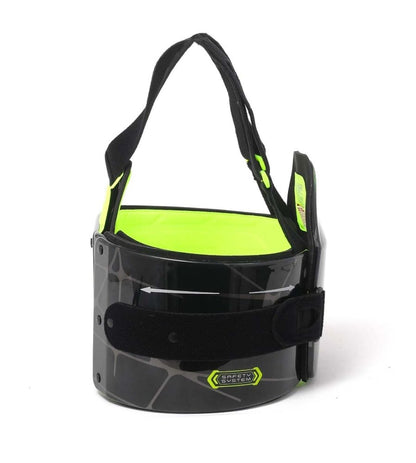 Helmet with visor and chin strap on a white background