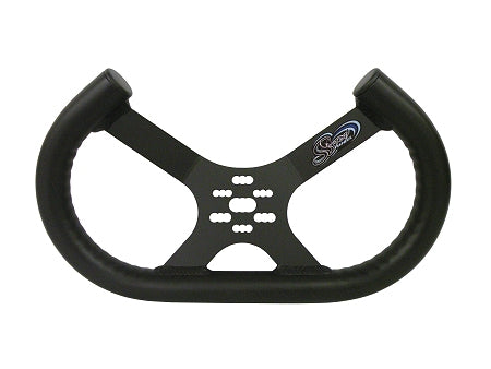 Black low-profile open-top tilted aluminum kart steering wheel