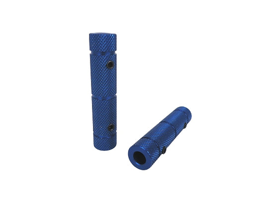 Pair of blue aluminum grips on 3/8-inch kart pedals