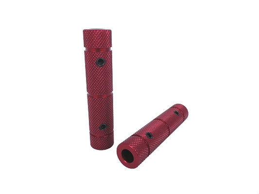 Red pair of aluminum pedal grips on 3/8-inch kart pedals