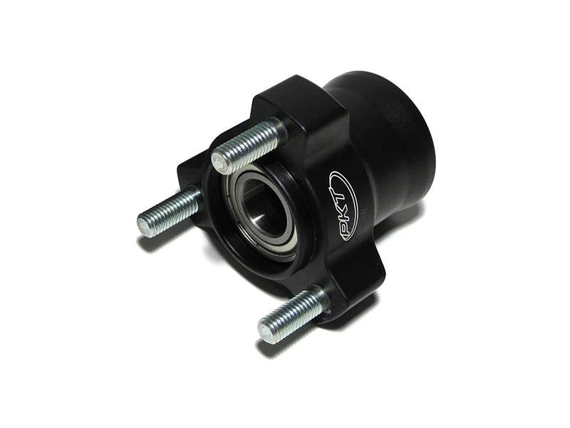 Black PKT 17mm x 50mm front wheel hub shown at a three-quarter angle displaying the 17mm bearing bore, three installed 8mm wheel studs, and white PKT logo on a white background