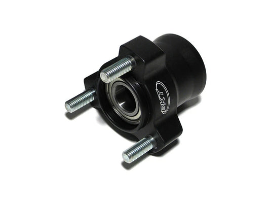 Black PKT 17mm x 50mm front wheel hub shown at a three-quarter angle displaying the 17mm bearing bore, three installed 8mm wheel studs, and white PKT logo on a white background