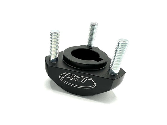 Single black PKT 25x30 rear wheel hub shown at a three-quarter angle against a white background, clearly displaying the 25mm bore with 8mm keyway, three installed 8mm wheel studs, and white PKT logo on the side.