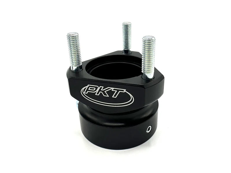Single black PKT billet 40mm x 50mm rear wheel hub shown at a three-quarter angle against white background, clearly displaying the 40mm bore, three installed 8mm wheel studs, white PKT logo on the flange, and the short 50mm body with set screw hole visible.