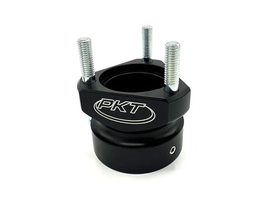 Single black PKT billet 40mm x 50mm rear wheel hub shown at a three-quarter angle against white background, clearly displaying the 40mm bore, three installed 8mm wheel studs, white PKT logo on the flange, and the short 50mm body with set screw hole visible.