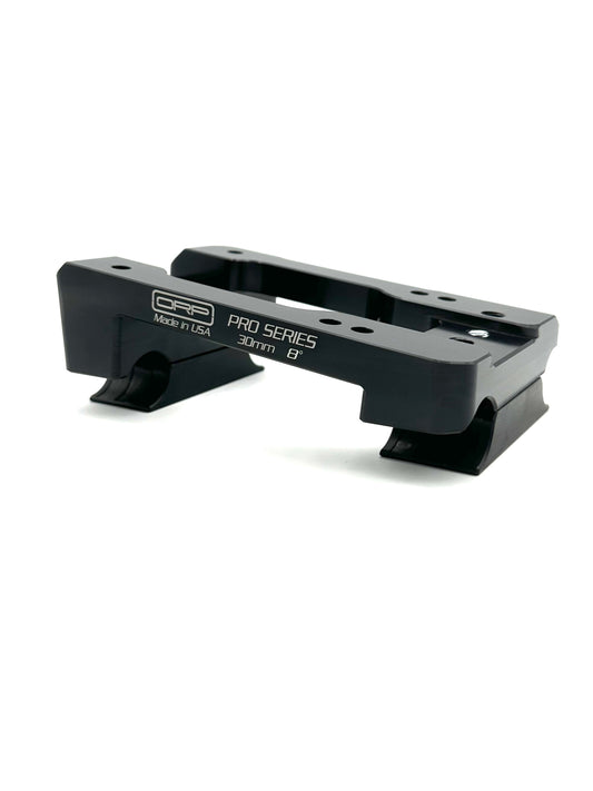 Black aluminum Pro Series 8 Degree One Piece Motor Mount with ORP logo, Made in USA, 30mm base and 8 degree markings on a white background