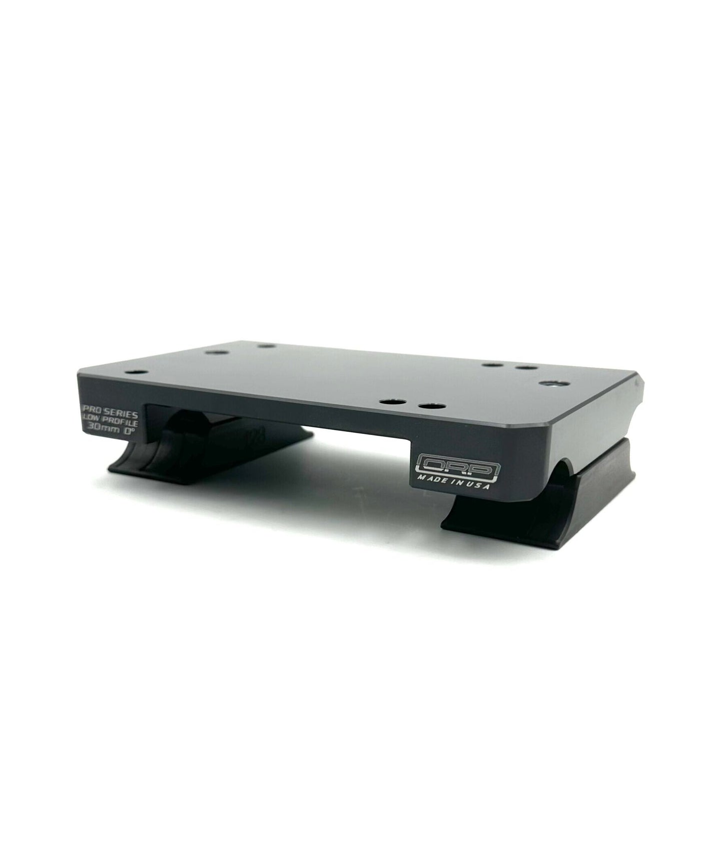 Side profile of black Pro Series low profile one piece motor mount showing 30mm 0 degree engraving and OPP Made in USA logo on a white background