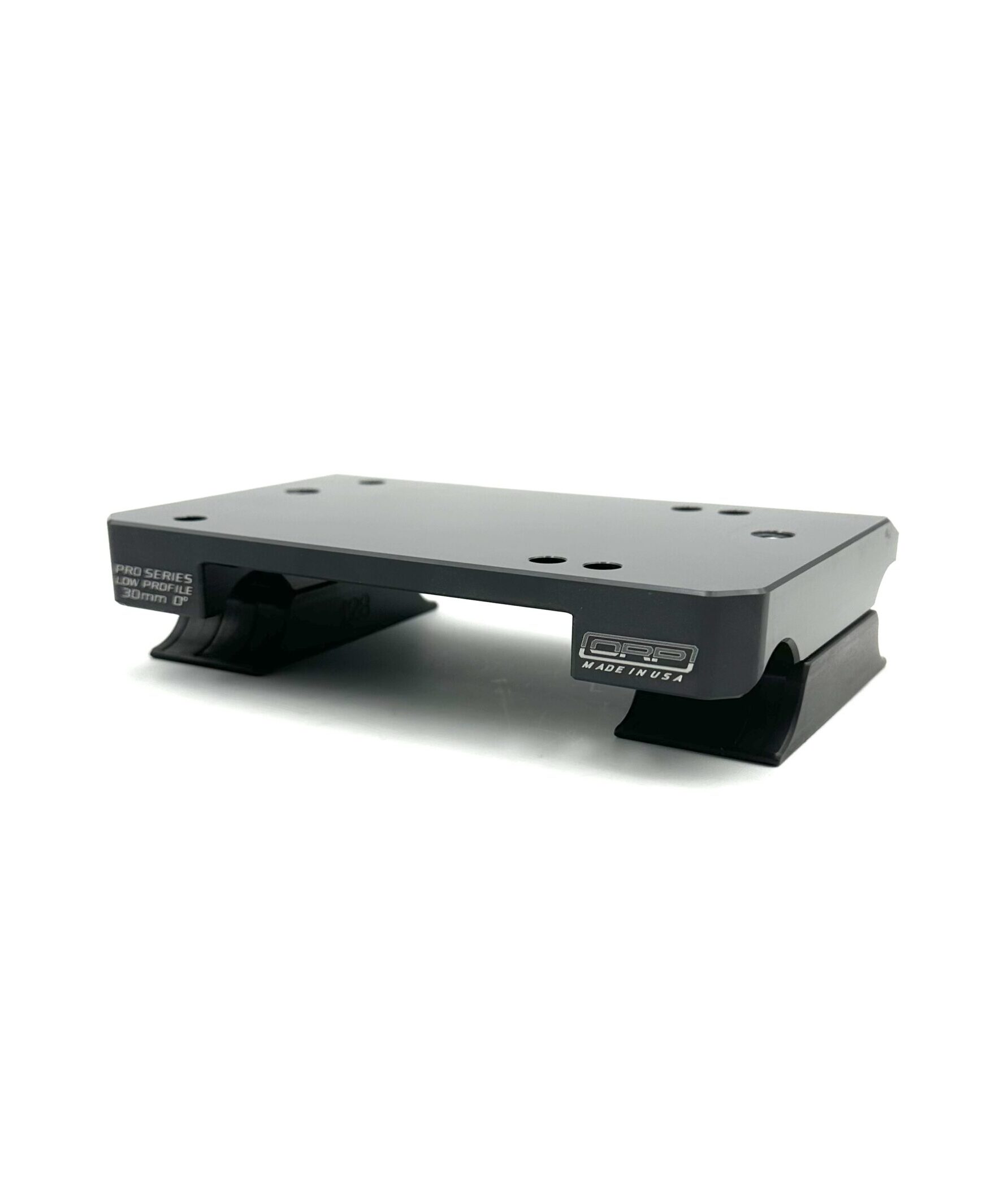 Side profile of black Pro Series low profile one piece motor mount showing 30mm 0 degree engraving and OPP Made in USA logo on a white background