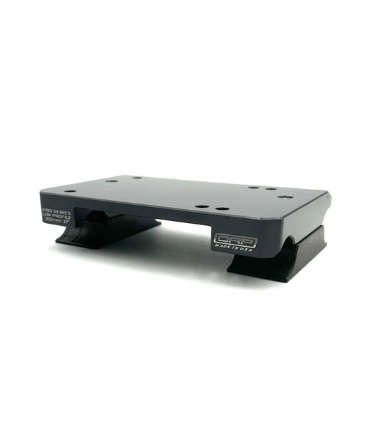 Side profile of black Pro Series low profile one piece motor mount showing 30mm 0 degree engraving and OPP Made in USA logo on a white background