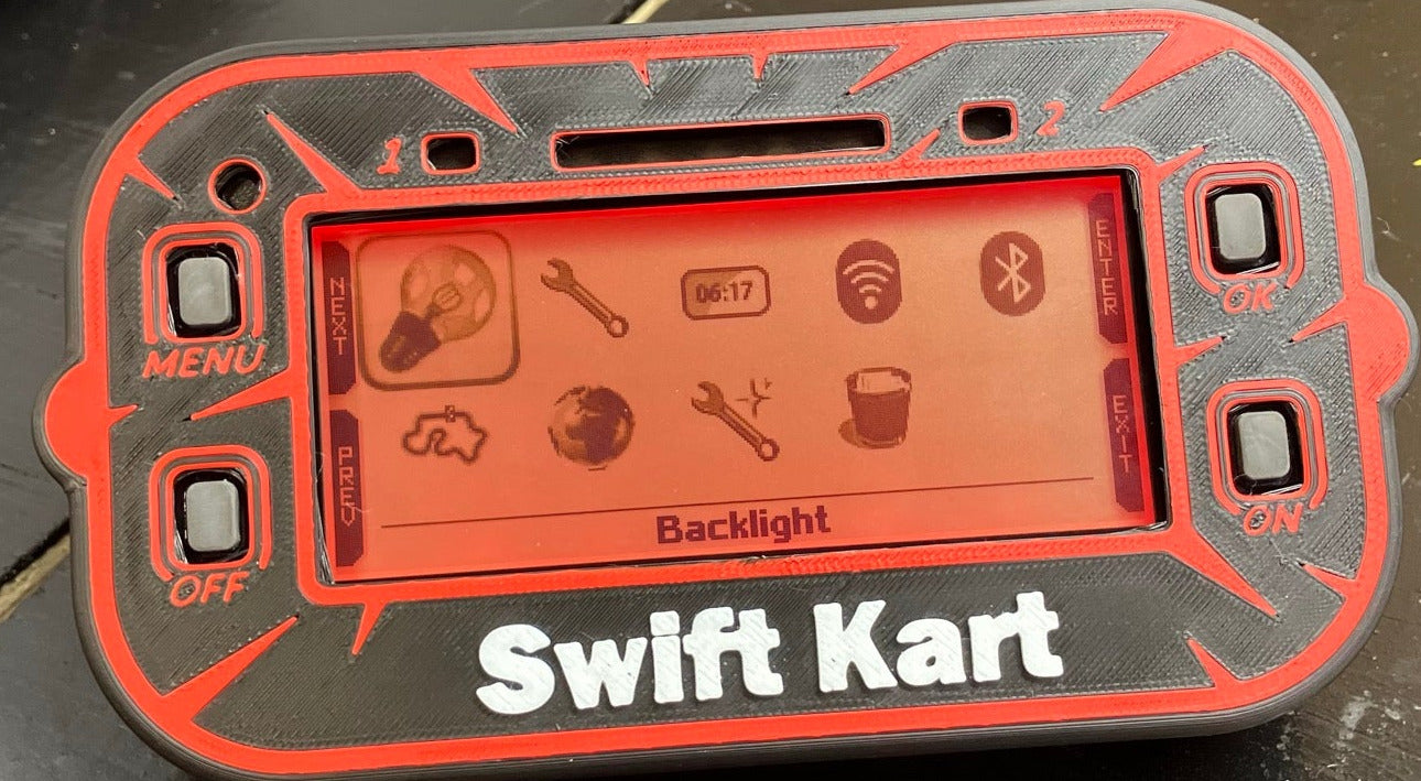 Black Mychron 6 Case, Red Design with  White Text. Mychron 6 unit installed, with a orange background color illuminated.