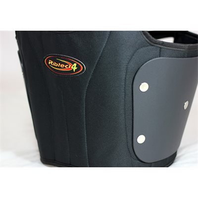 Side angle view of contoured black Ribtect 4 child karting vest highlighting logo and flank panel on a white background