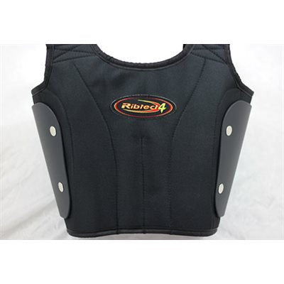 Full front view of black Ribtect 4 child karting vest with logo and symmetrical side panels on a white background