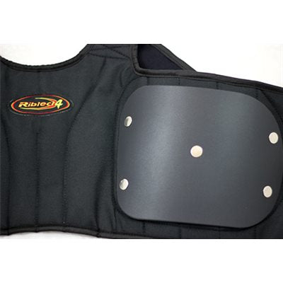 Detailed view of the large smooth protective side panel with four silver rivets on the Ribtect 4 child karting vest on a white background