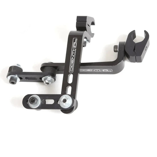 Black aluminum 90 degree exhaust arm for Rotax Max with machined linkage, clevis ends with bolts, slotted adjustment holes and Odenthal Racing logo on a white background