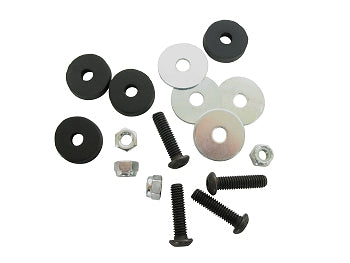 Kart seat mounting kit with bolts, nuts, washers, and grommets laid out