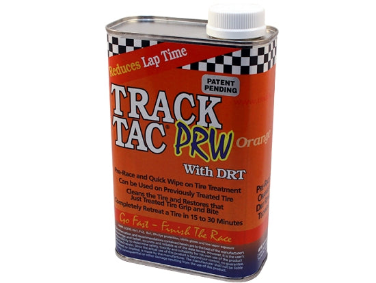 Orange quart bottle of Track-Tac PRW with DRT tire treatment