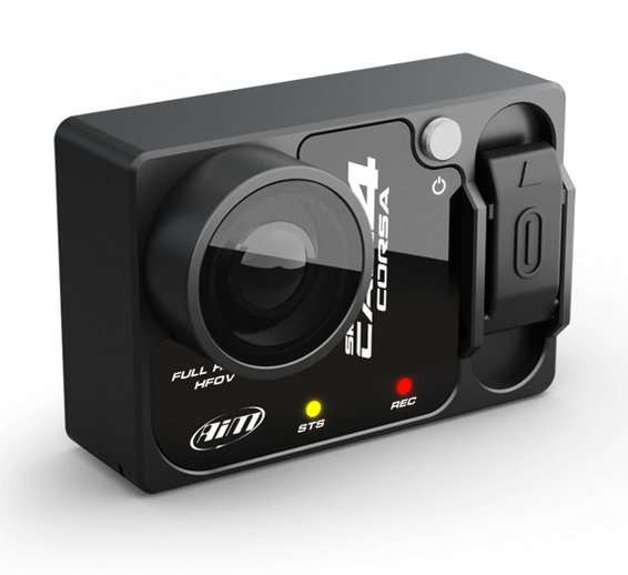 Black action camera with lens and control buttons on a white background. Smarty cam 4 on a white background