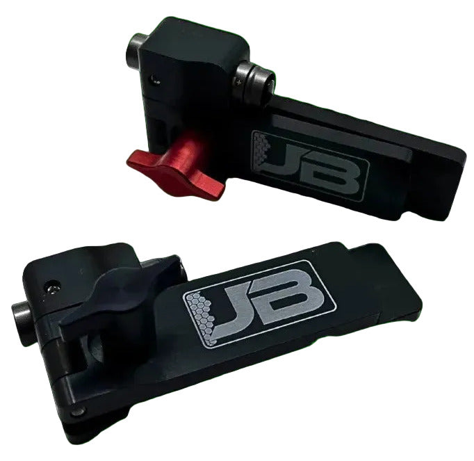 Black JB Race Works Smoker Chain Aligner showing laser housing, red anodized knob, and engraved logo on black background