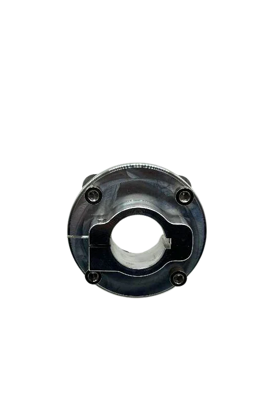 Opposite side view of mini sprocket hub showing axle bore, pinch bolts and precision machined register on black background