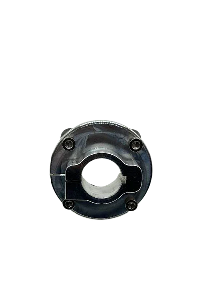 Opposite side view of mini sprocket hub showing axle bore, pinch bolts and precision machined register on black background