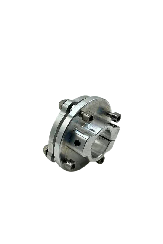 Three-quarter view of raw 7075 aluminum mini sprocket hub showing split clamp, bolt bosses and keyway slot on black background