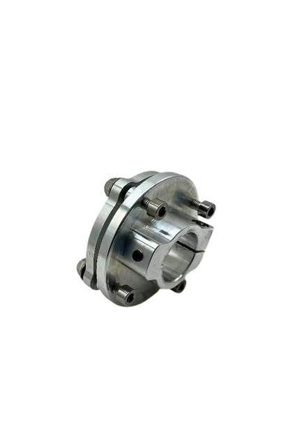 Three-quarter view of raw 7075 aluminum mini sprocket hub showing split clamp, bolt bosses and keyway slot on black background