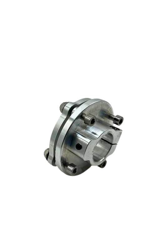 Three-quarter view of raw 7075 aluminum mini sprocket hub showing split clamp, bolt bosses and keyway slot on black background