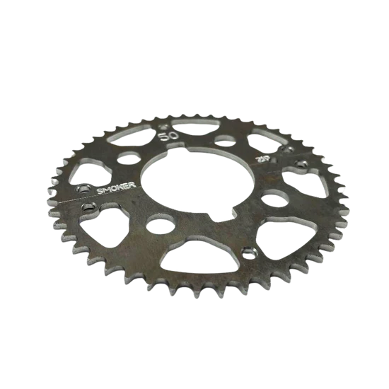 Overhead product shot of the silver Smoker Performance ultra-light one-piece #219 sprocket on a black background, clearly showing the tooth profile, lightening holes, stamped SMOKER logo, and example 50T marking.