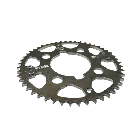 Overhead product shot of the silver Smoker Performance ultra-light one-piece #219 sprocket on a black background, clearly showing the tooth profile, lightening holes, stamped SMOKER logo, and example 50T marking.