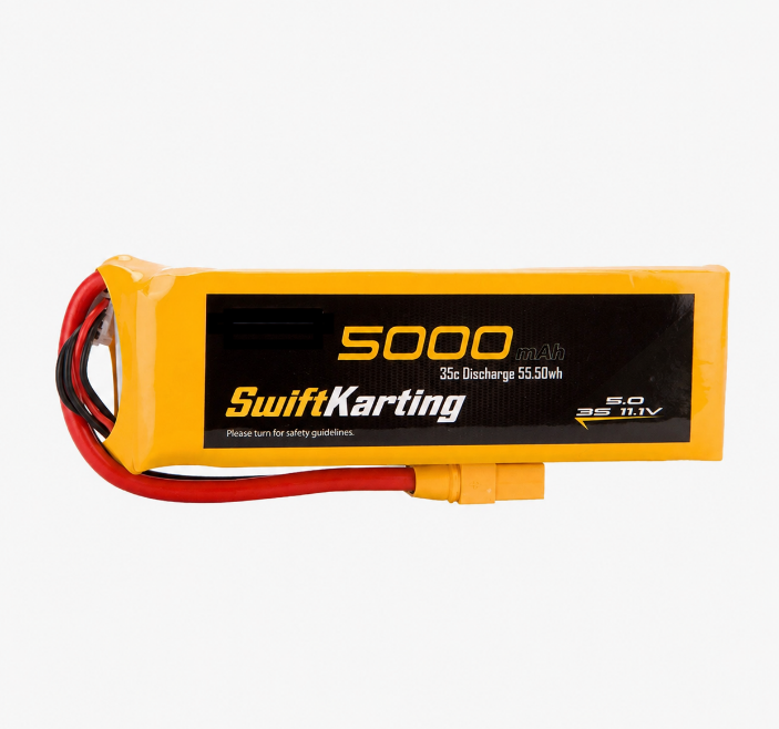Swift Karting 5000mAh 3S 11.1V LiPo battery with XT90 discharge connector and red leads for SmartyCam or MyChron data acquisition, 35C discharge rating on grey background