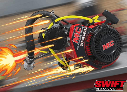 Custom built MC Engines LO206 Briggs racing kart engine by Swift Karting with carb, exhaust headers, and fuel lines shooting flames against a motion blurred race track background