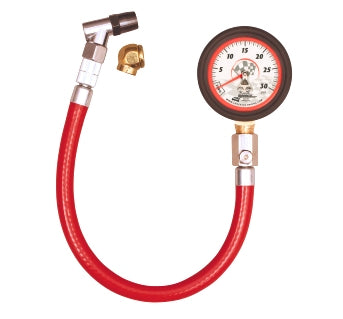 Small 2-inch GID air gauge attached to kart tire valve